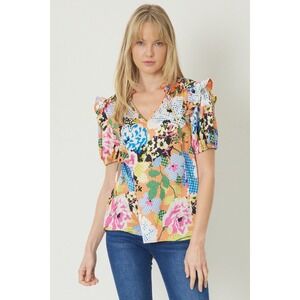 NWT Southern Stitch Floral Puff Sleeve Blouse Split Neck Tie Top Multi Bright L